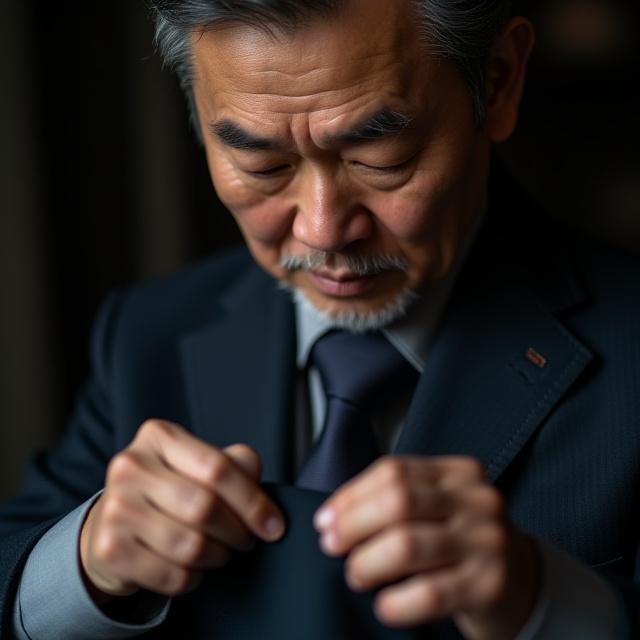 진지한 표정으로 원단을 검사하는 마스터 테일러의 클로즈업 초상화. 장인정신과 세부 사항에 대한 집중을 보여줍니다.